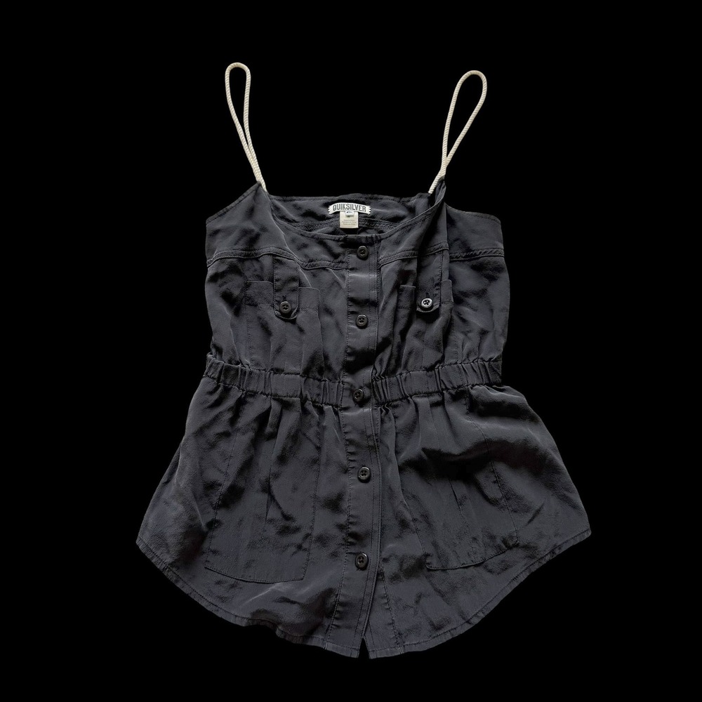 Quiksilver Silk Button Front Camisole Top Black Rope Straps Peplum Small 873034